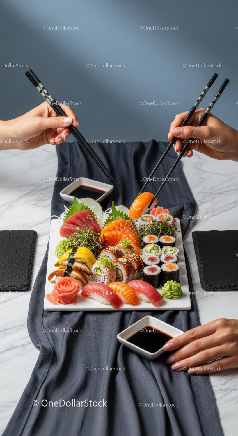 Fresh Sushi Platter with Salmon Tuna Shrimp and Vegetable Garnishes