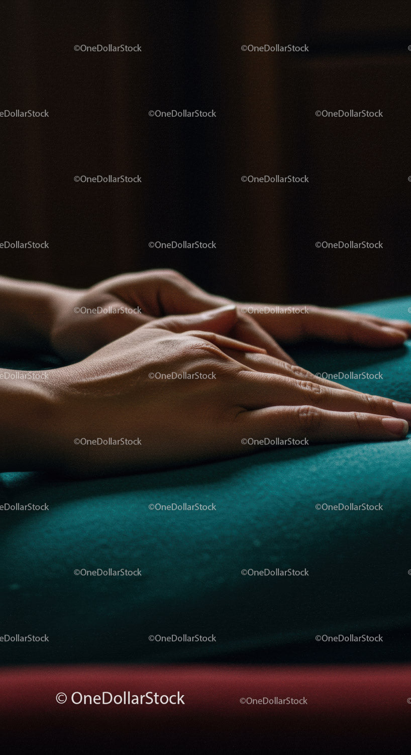 Close-up of hands in a yoga or meditation pose on blue mat
