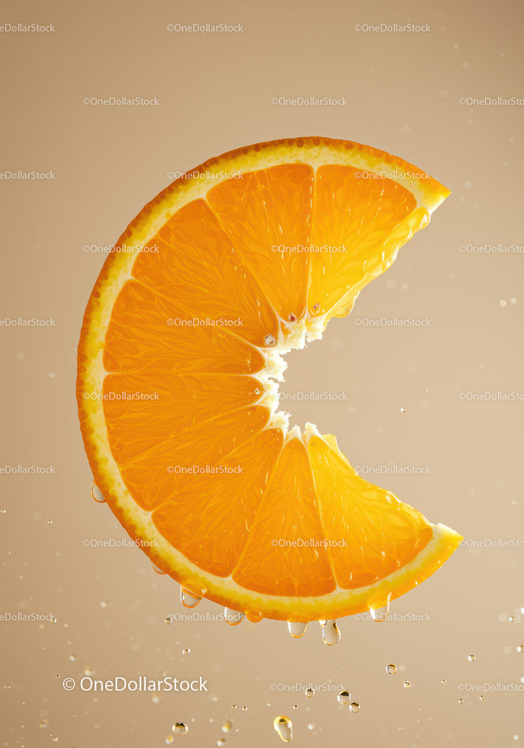 Fresh Orange Slice with Juicy Droplets on Neutral Background