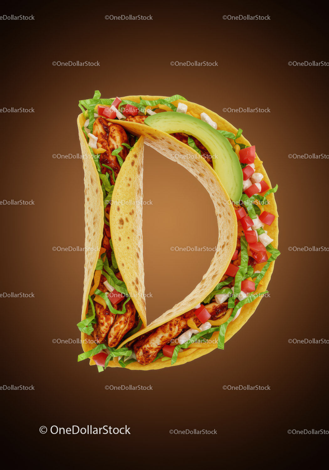 Taco shaped like letter D with fresh ingredients