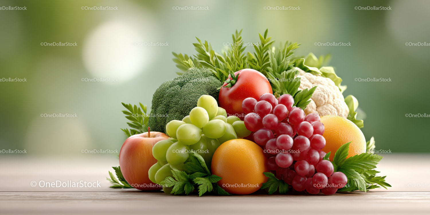 Colorful Assortment of Fresh Fruits and Vegetables on Wooden Surface
