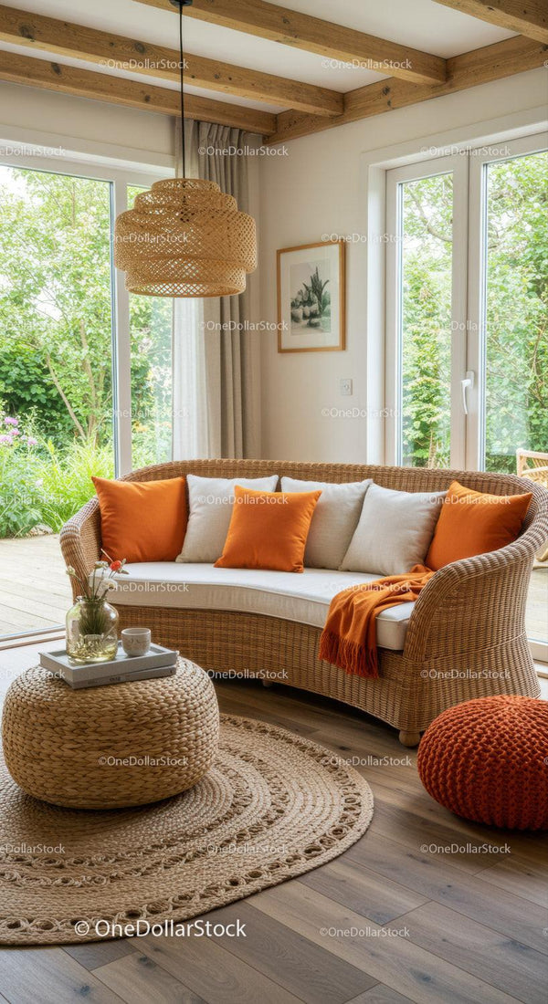 Cozy wicker sofa with orange cushions in bright living room