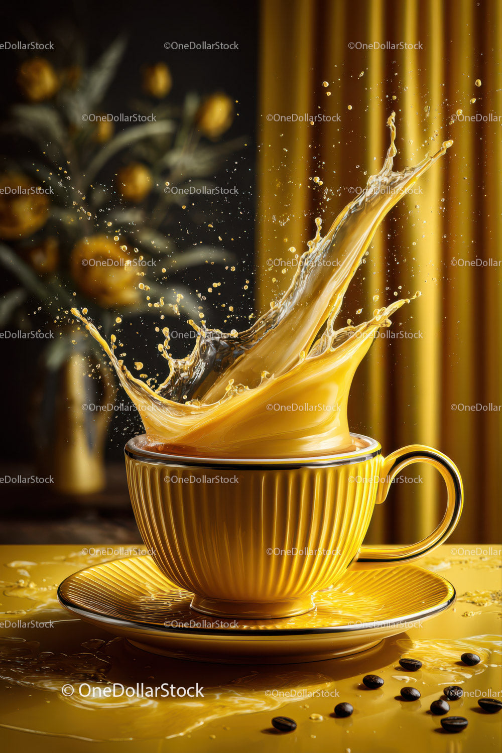 Vibrant Yellow Coffee Splash in Elegant Ceramic Mug
