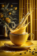 Vibrant Yellow Coffee Splash in Elegant Ceramic Mug