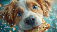 Cute Brown and White Puppy Holding a Biscuit With Blue Eyes