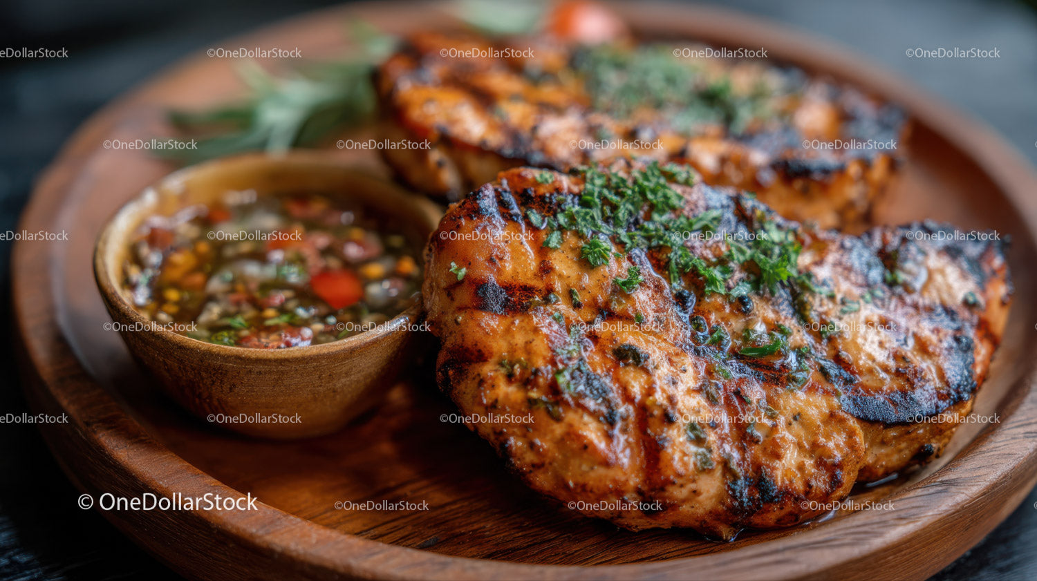 Juicy Grilled Chicken Breast with Herbs and Spicy Sauce