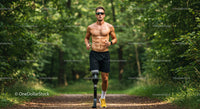 Male Runner with Prosthetic Leg Running Through Foggy Forest Trail