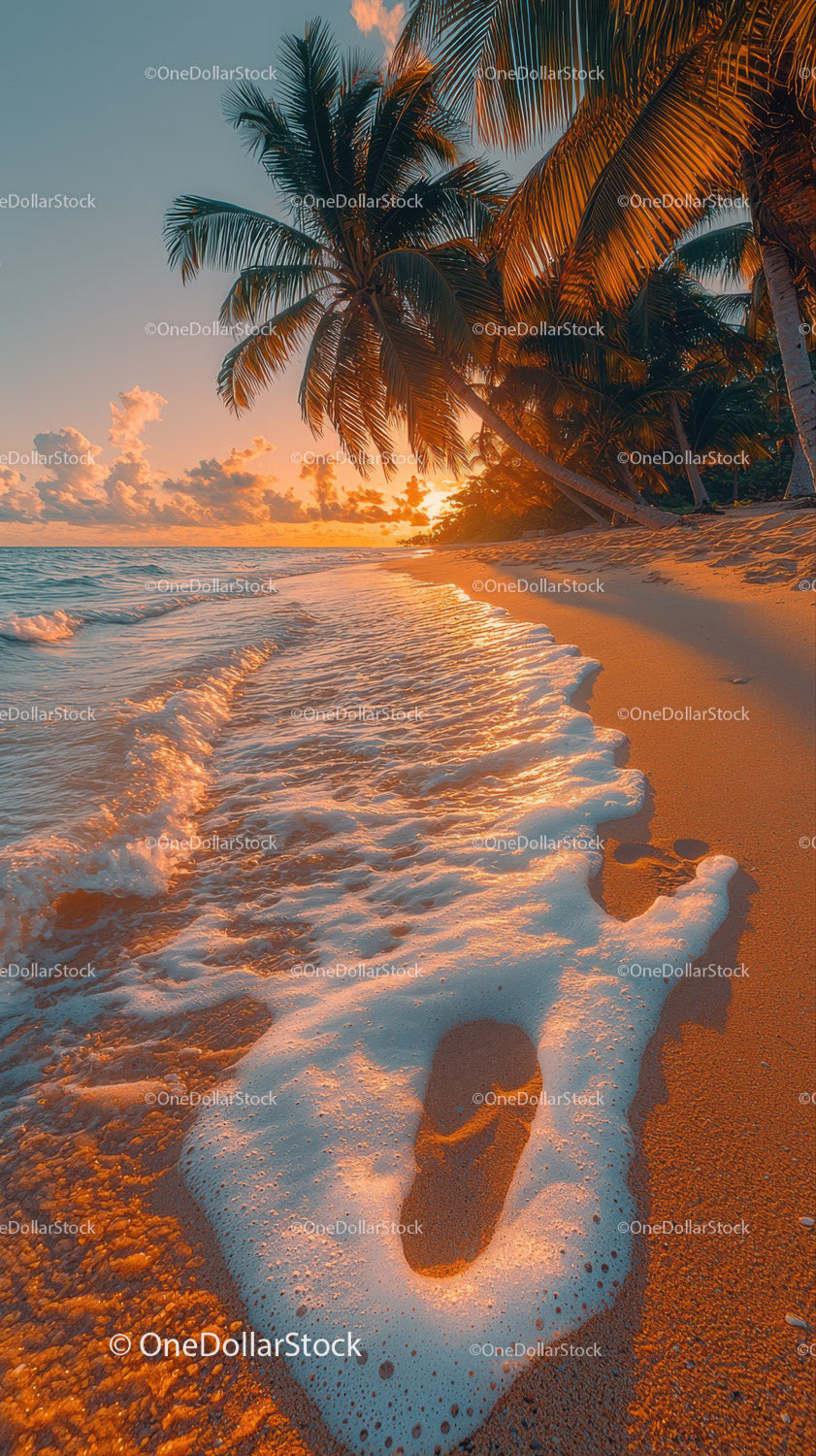 Scenic Tropical Beach Sunset with Palm Trees and Ocean Waves