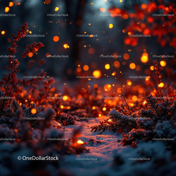 Glowing embers lighting frosty forest ground at dusk