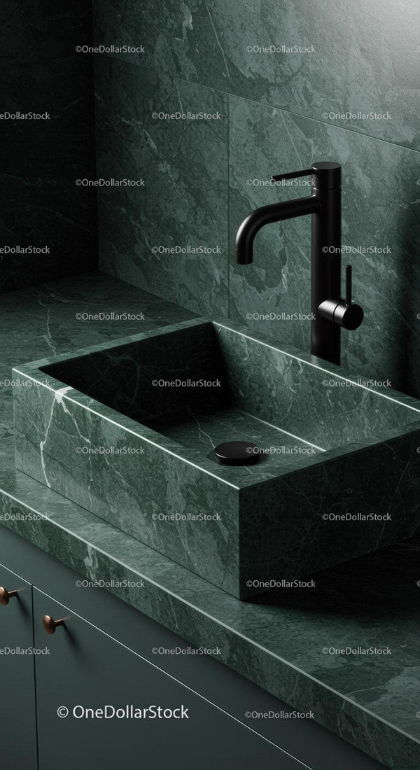 Modern Green Marble Bathroom with Black Sink and Faucet