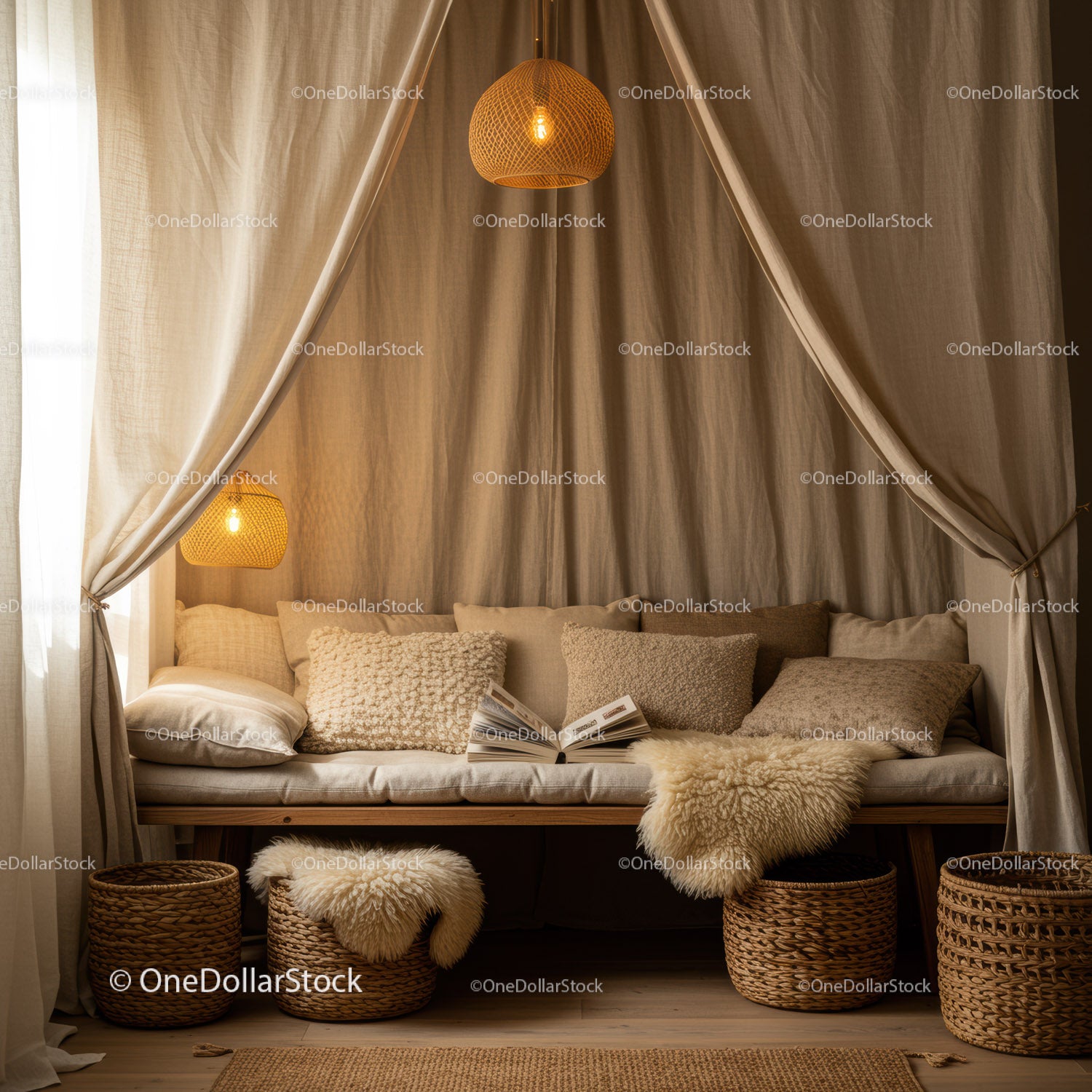 Cozy reading nook with soft cushions and warm lighting
