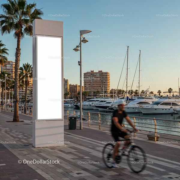 Cyclist Passing by Marina with Blank Vertical Billboard JPG Mockup Image