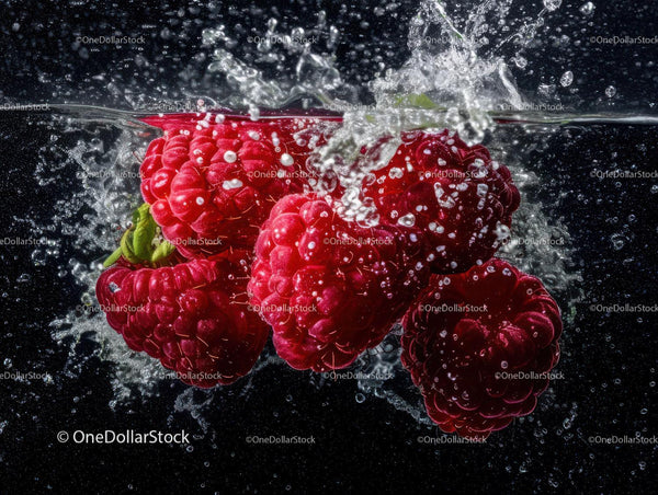 Vibrant Ripe Raspberries Splashing in Water