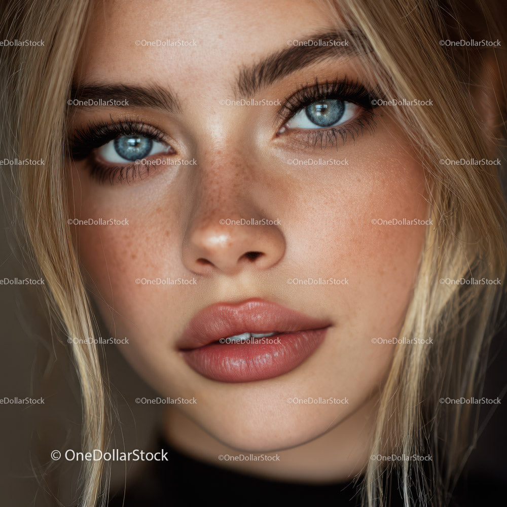 Close-up Portrait of a Woman with Blue Eyes and Freckles