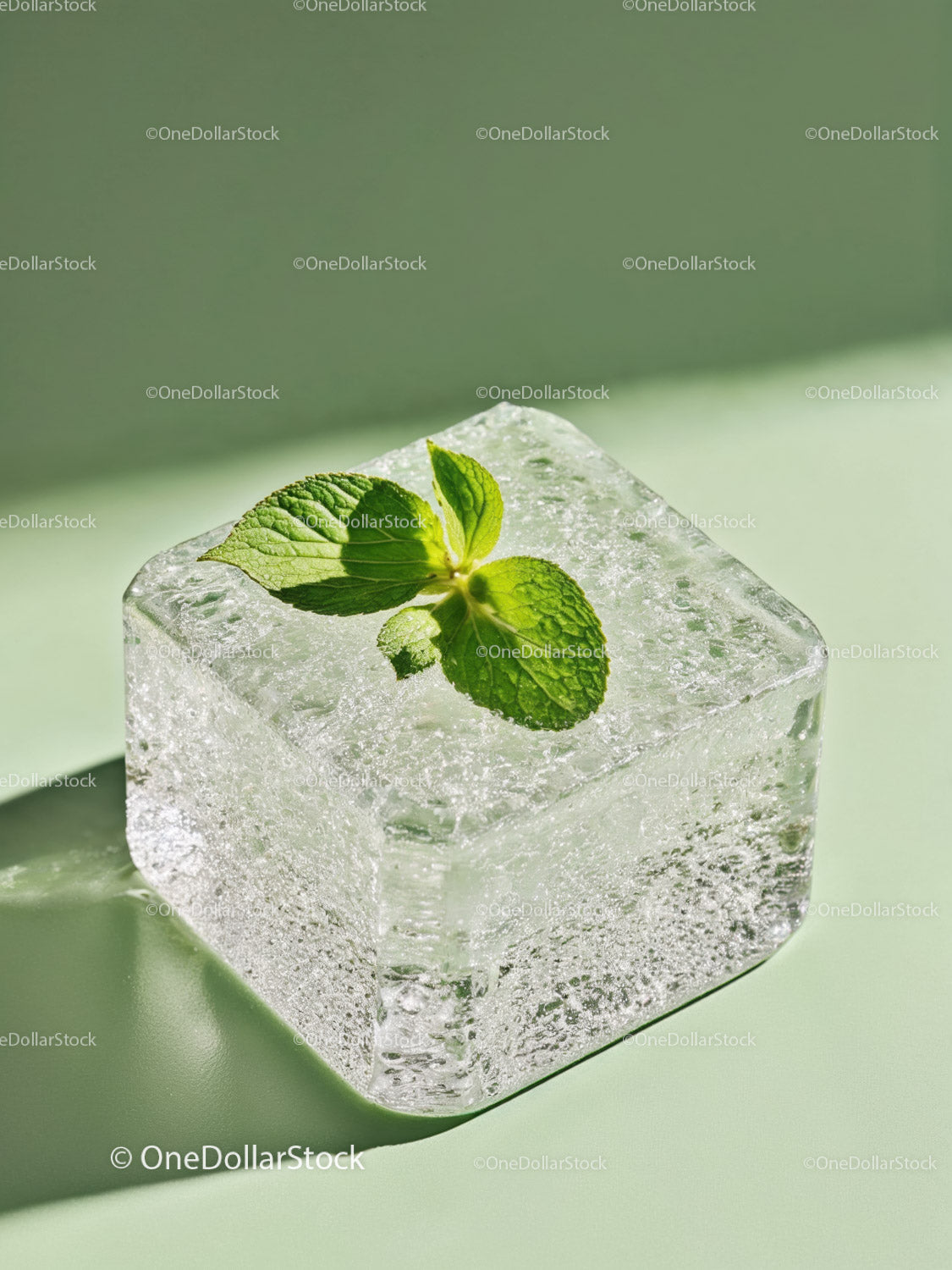 Fresh mint leaves on a clear ice cube