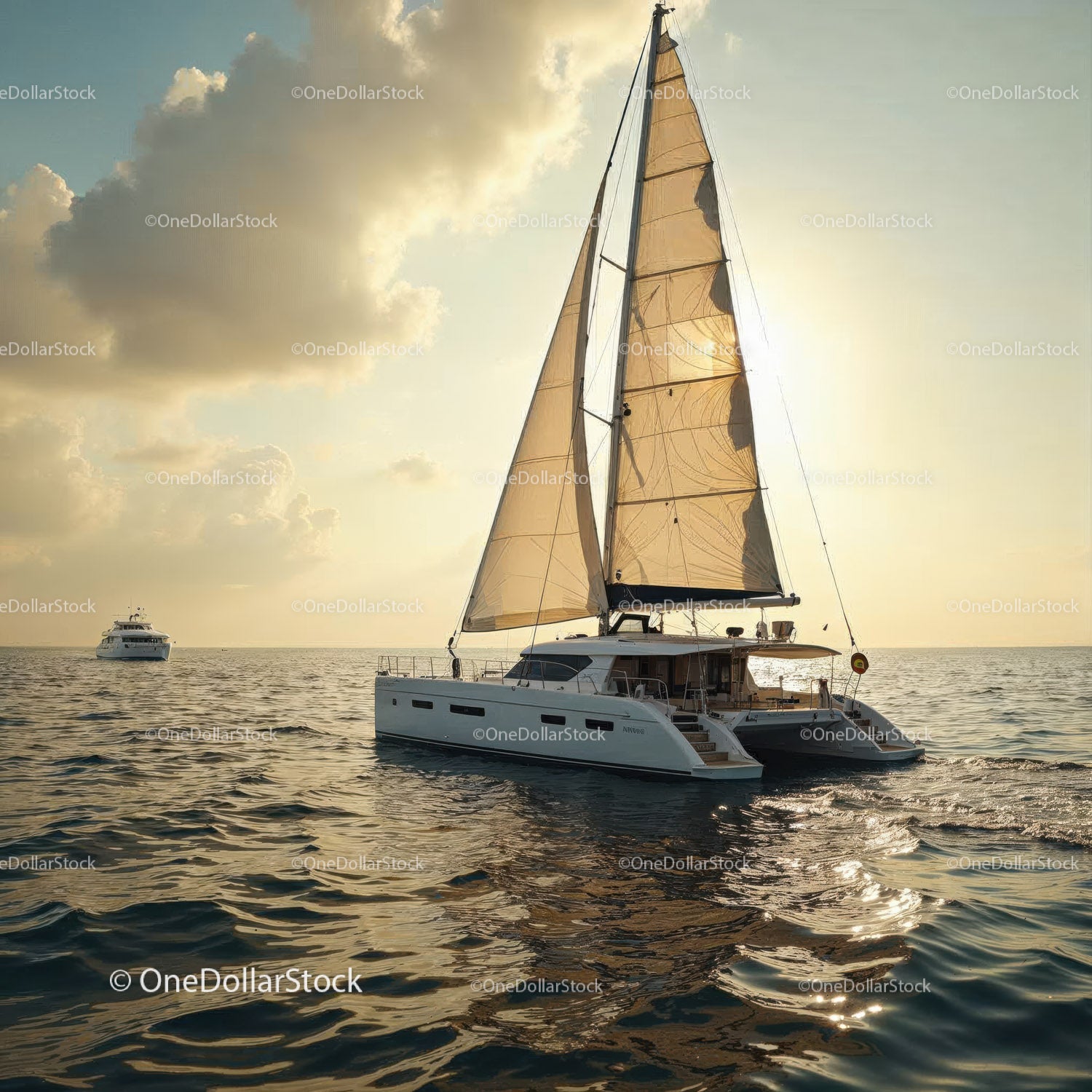 Luxury White Sailboat with Sails on Calm Ocean at Sunset