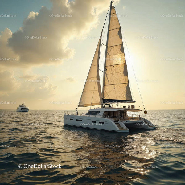 Luxury White Sailboat with Sails on Calm Ocean at Sunset