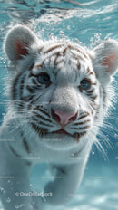White tiger cub swimming underwater with piercing blue eyes