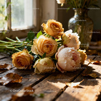 Soft Dewy Roses Resting on Rustic Wooden Table