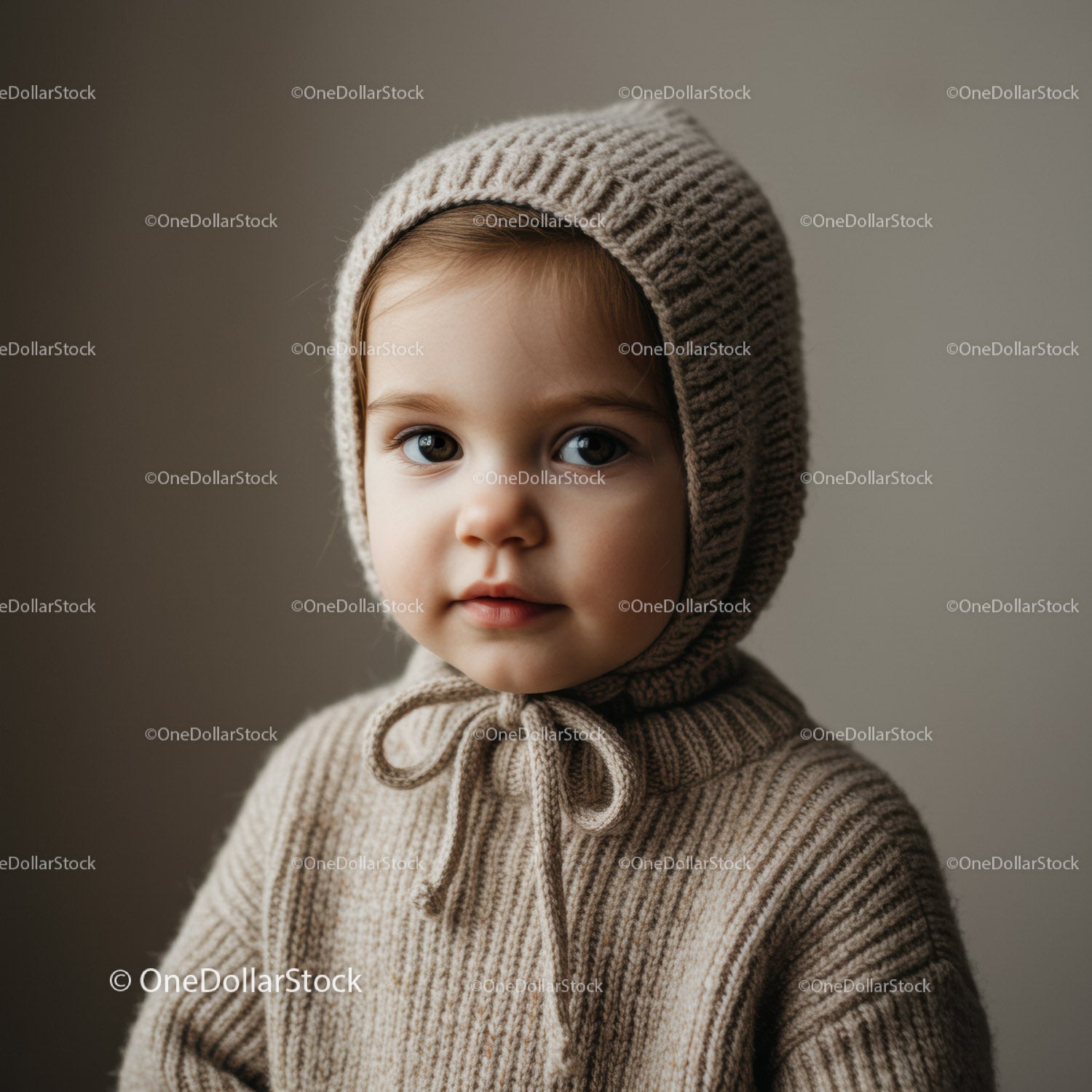 Portrait of toddler wearing knitted bonnet and sweater