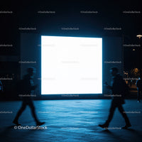 Silhouettes Walking Past Bright Digital Billboard at Night
