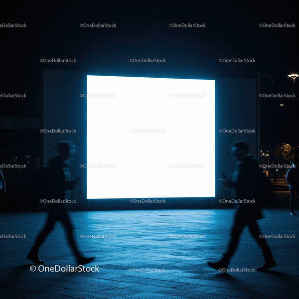 Silhouettes Walking Past Bright Digital Billboard at Night JPG Mockup Image