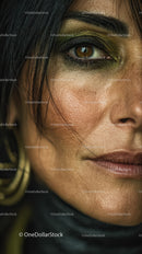 Close-up of a Woman's Eye with Gold Eyeshadow and Black Hair