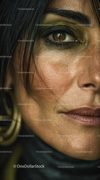 Close-up of a Woman's Eye with Gold Eyeshadow and Black Hair