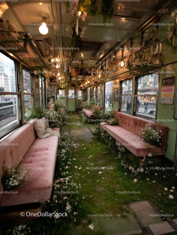 Vintage Tram Interior with Floral Decor and Green Moss Floor