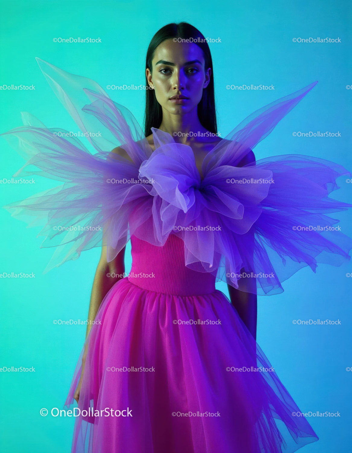 Vibrant Fashion Model in Purple Tulle Dress in Bright Studio