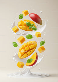 Fresh mango cubes with creamy milk splash and basil leaves