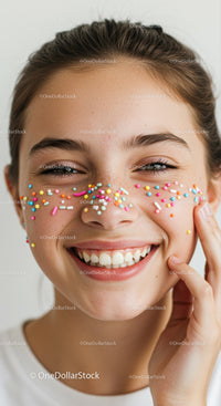 Joyful Young Woman with Colorful Sprinkles on Face in Bright Portrait