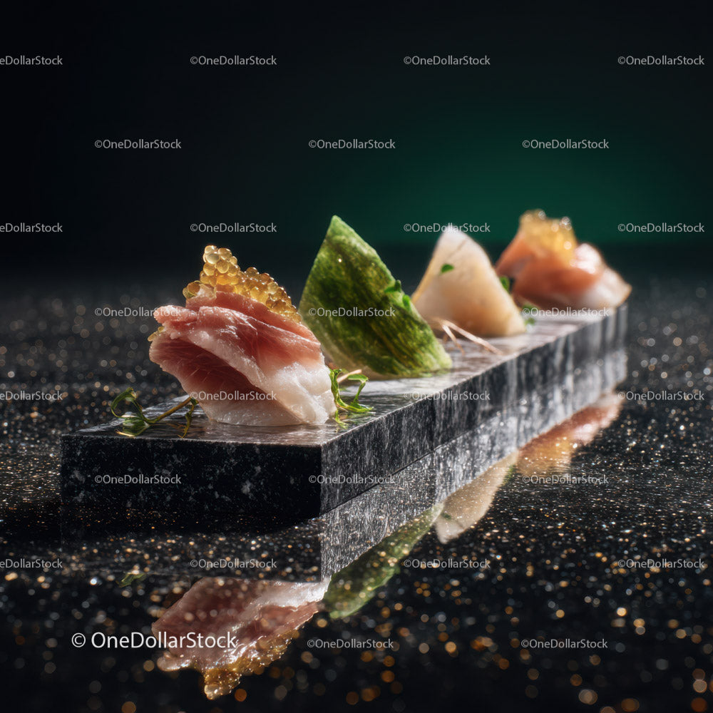 Elegancki talerz sushi ze świeżą rybą i wodorostami na czarnym kamieniu