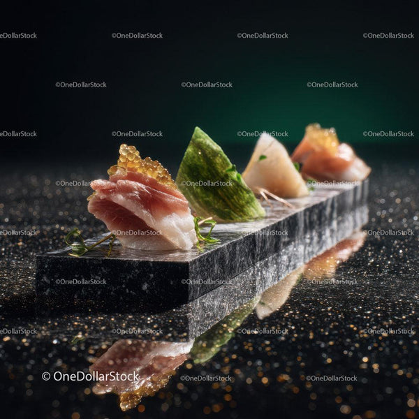 Elegancka Taca Sushi ze Świeżą Rybą i Wodorostami na Czarnym Kamieniu