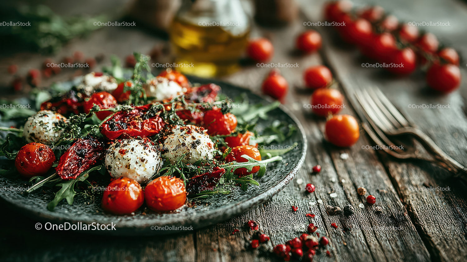 Świeża sałatka Caprese z pomidorkami koktajlowymi i mozzarellą na rustykalnym drewnianym stole