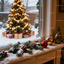 Festive Christmas Window Decor with Snow and Ornaments