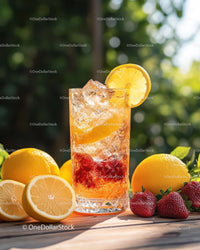 Fresh Lemonade with Strawberries and Citrus Slices in a Tall Glass