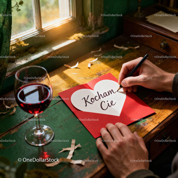 Writing a heartfelt love note with glass of red wine
