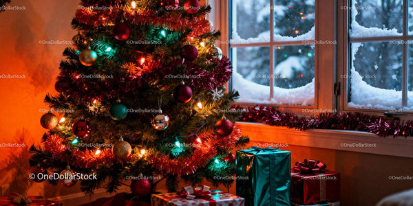 Cozy Christmas tree with colorful lights and gifts