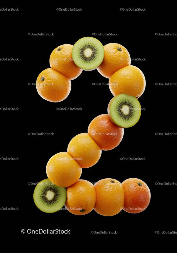 Number two formed from fresh oranges and kiwi slices
