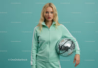 Young Woman in Mint Green Tracksuit Holding Disco Ball in Studio