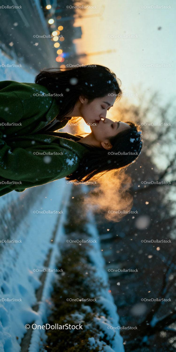 Couple sharing tender kiss on snowy winter evening
