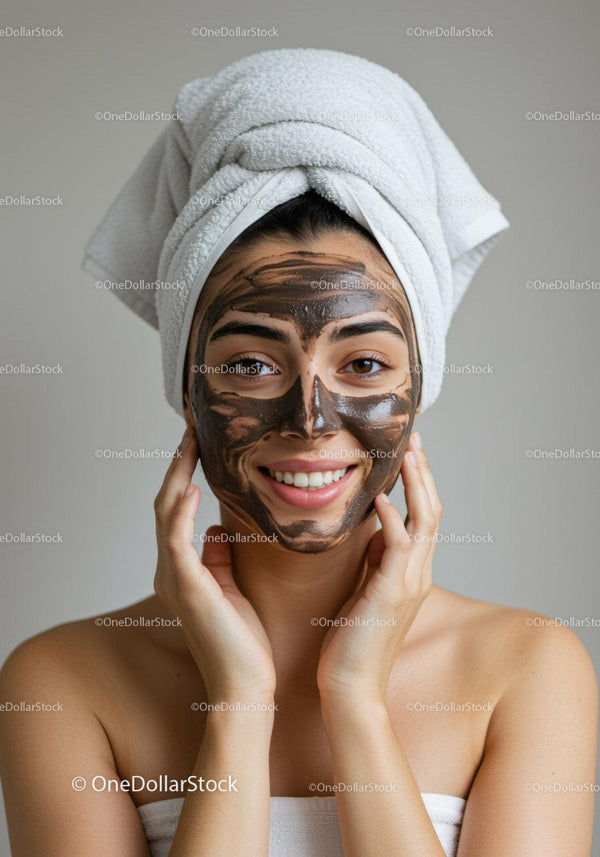 Young Woman with Facial Mask and Turban Smiling During Skincare Routine