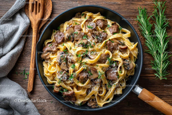 Beef Stroganoff with Mushrooms and Fettuccine on Wooden Table Stock Photo Bundle (16 JPG Files)