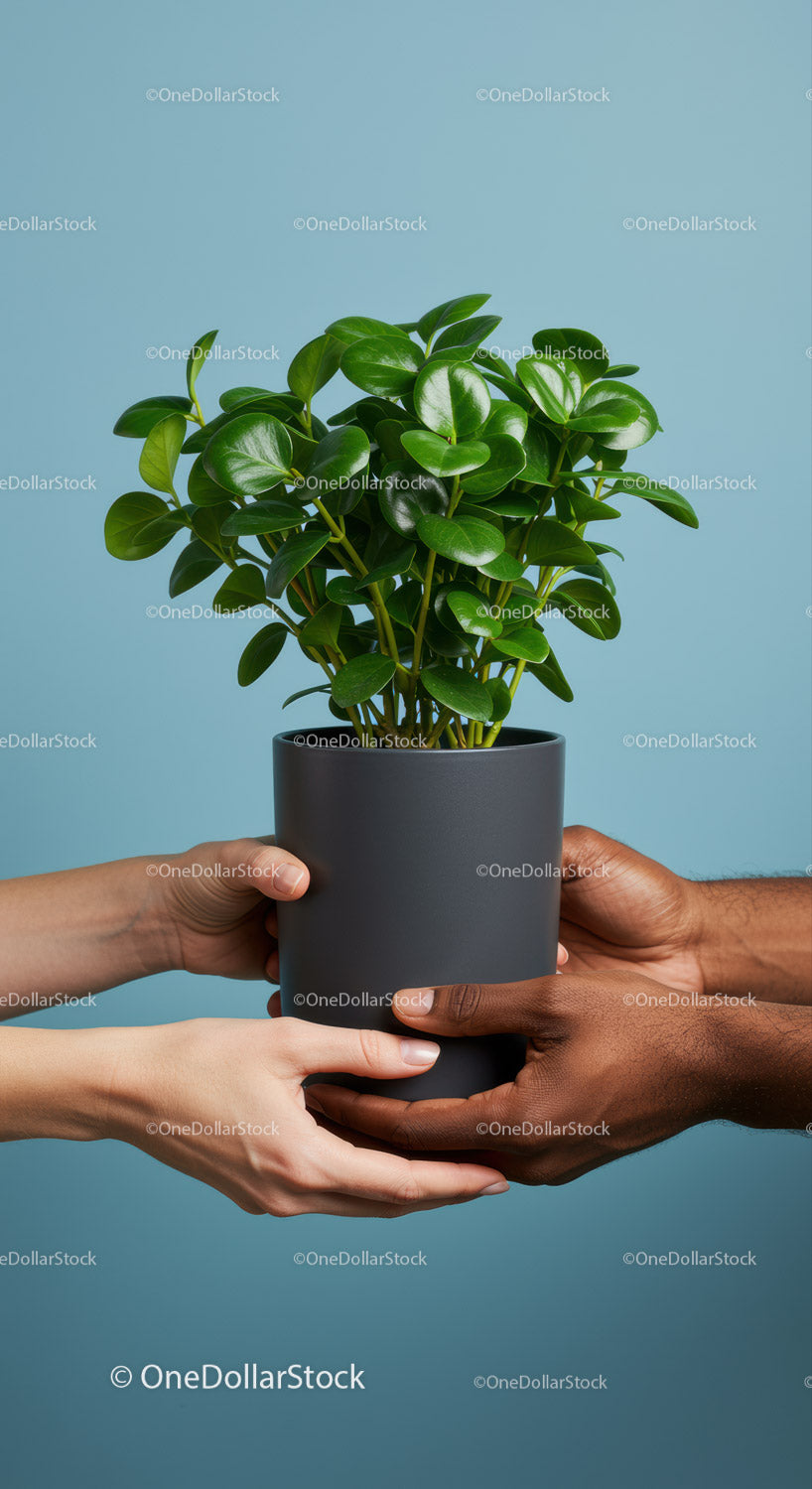 Two pairs of hands holding a green houseplant together