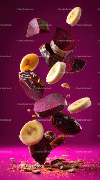 Vibrant Fruit and Vegetable Chunks With Cacao Nibs in Dynamic Composition