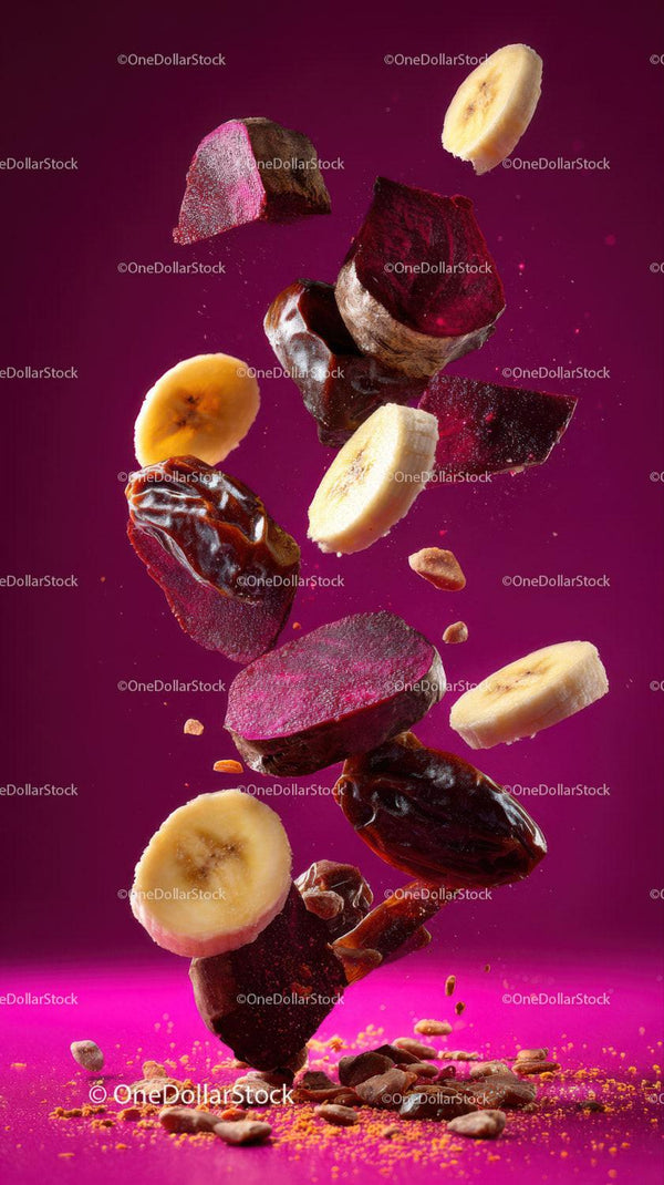 Vibrant Fruit and Vegetable Chunks With Cacao Nibs in Dynamic Composition
