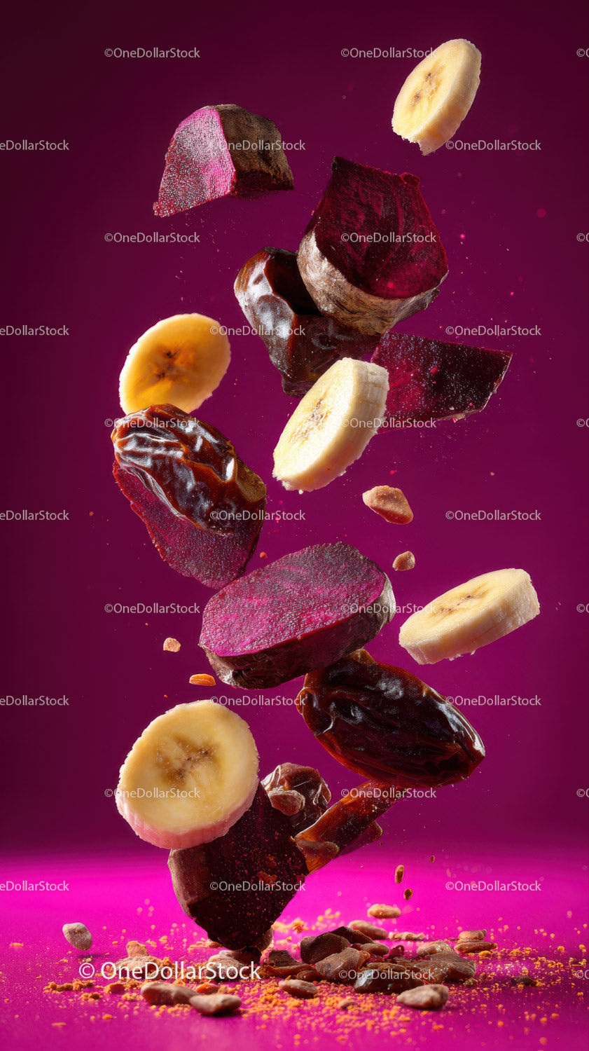 Vibrant Fruit and Vegetable Chunks With Cacao Nibs in Dynamic Composition