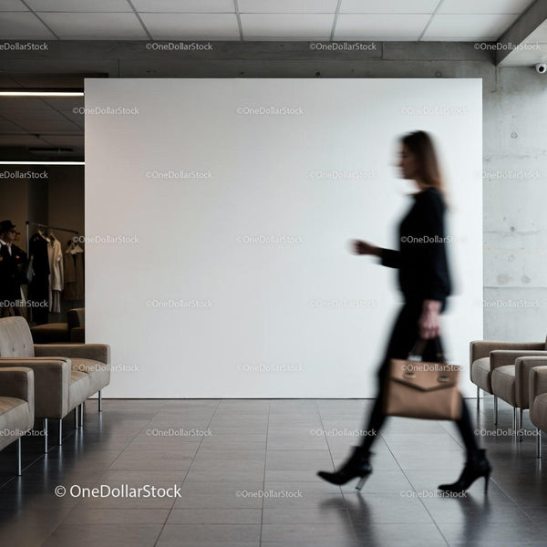 Blurred Businesswoman Walking Through Modern Lobby JPG Mockup Image
