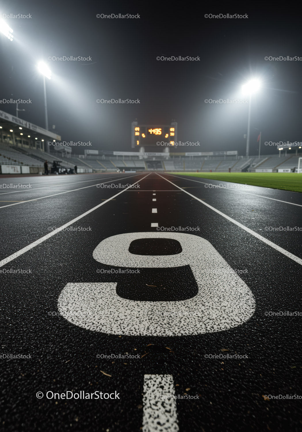 Empty Running Track Lane Nine Under Stadium Lights